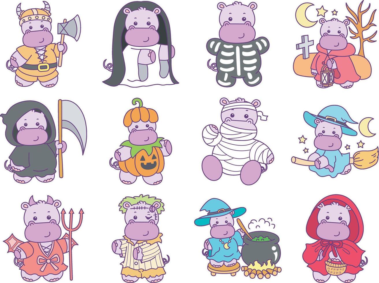 Happy halloween from baby hippo. Cute hippo icon. Funny baby hippo animal series stock illustration. life of fluffy hippo designs. vector