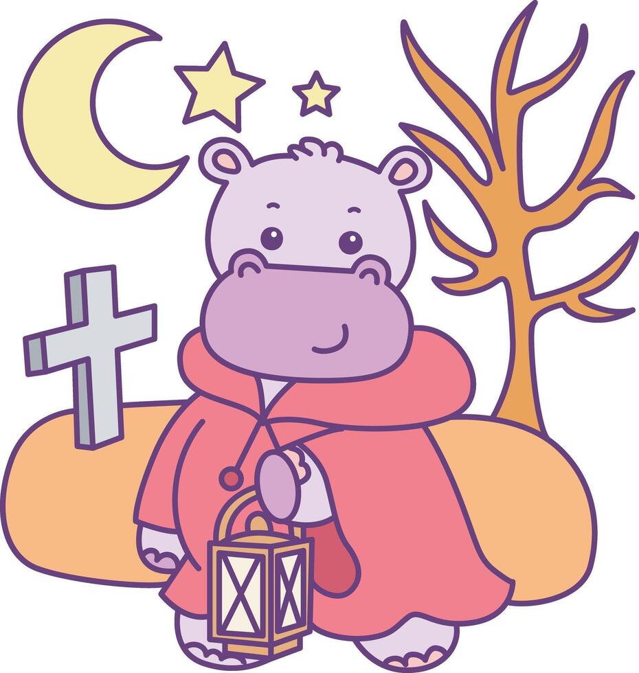 Baby hippo wearing a red hoodie in the grave. Cute hippo icon. Funny baby hippo animal series stock illustration. life of fluffy hippo designs. vector