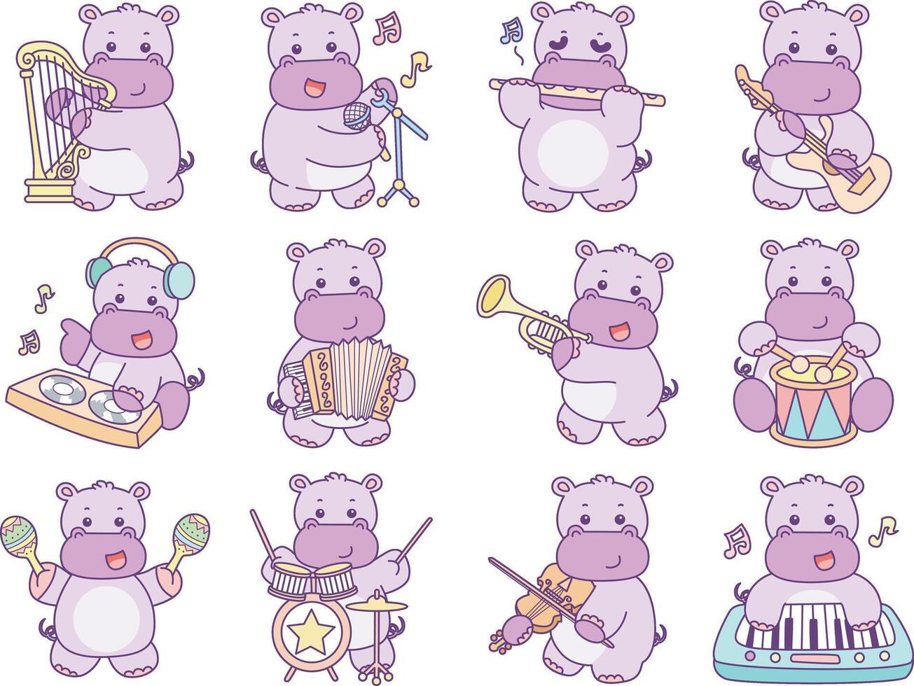 Baby hippo in the variation of instrument and music. Cute hippo icon. Funny baby hippo animal series stock illustration. life of fluffy hippo designs. vector