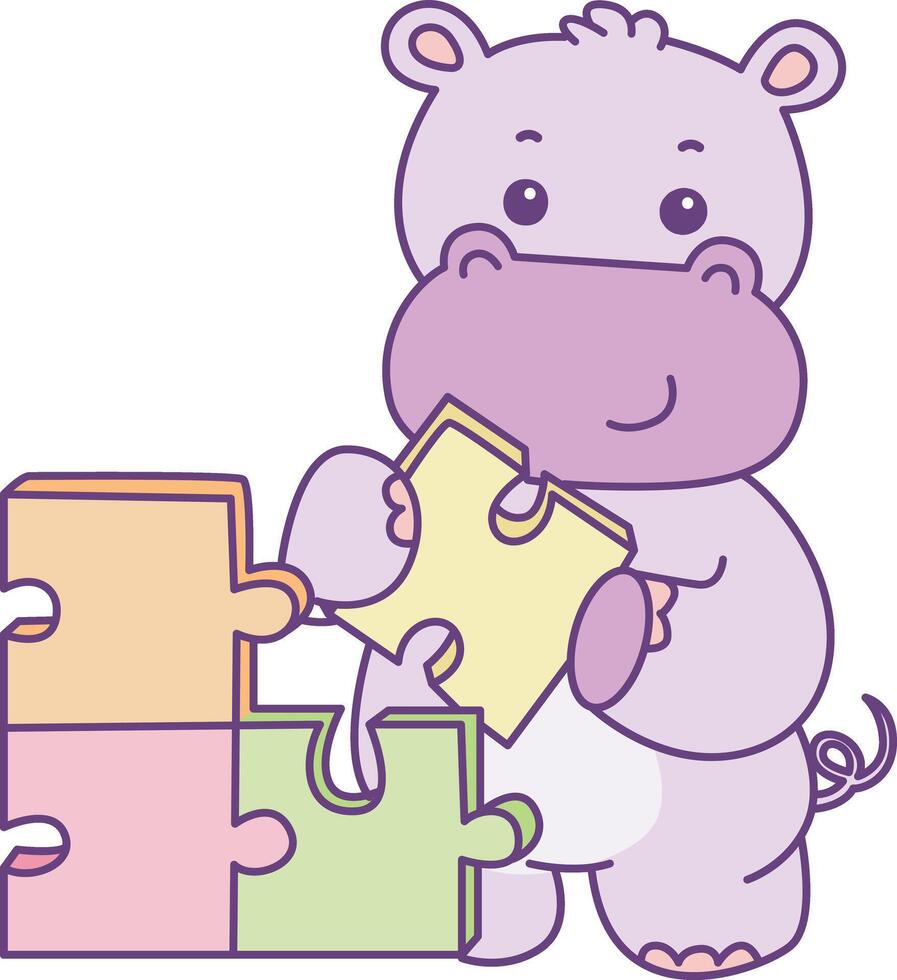 Baby hippo playing a puzzle. Cute hippo icon. Funny baby hippo animal series stock illustration. life of fluffy hippo designs. vector