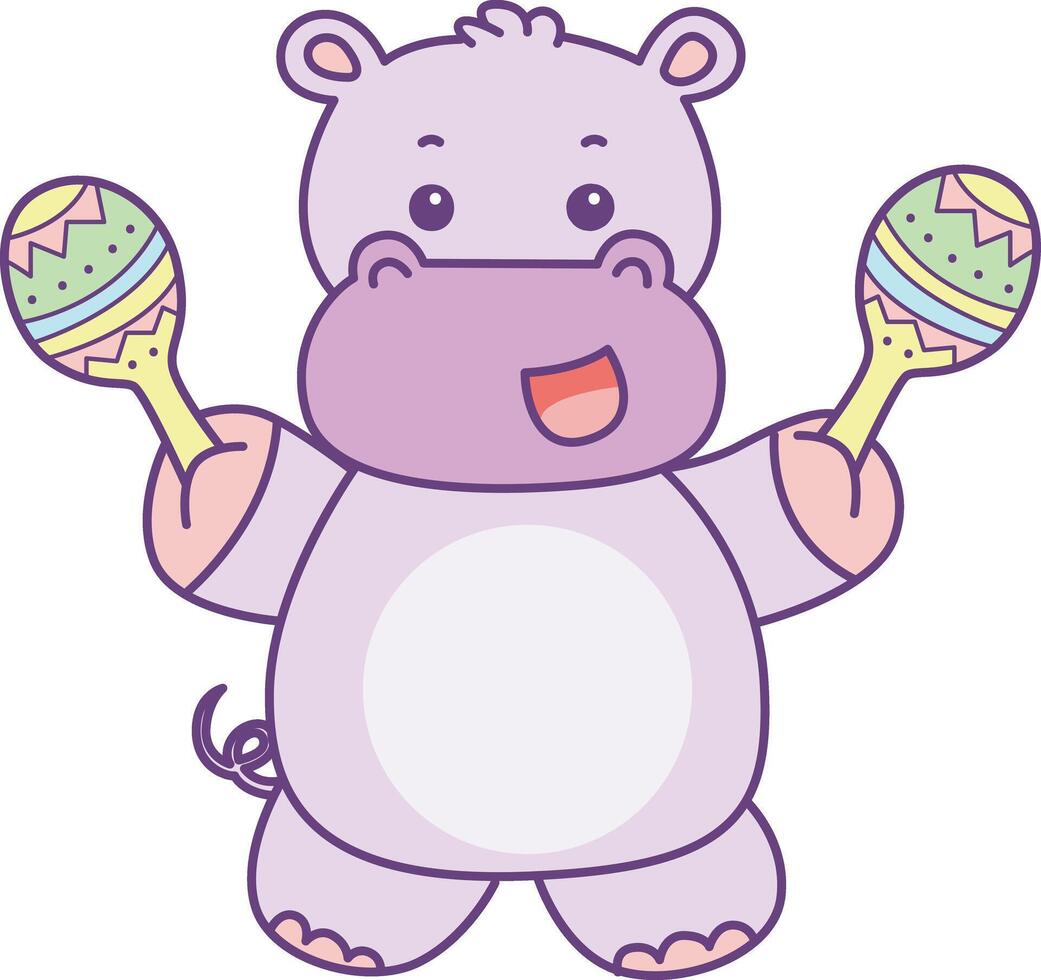 Baby hippo playing a maracas. Cute hippo icon. Funny baby hippo animal series stock illustration. life of fluffy hippo designs. vector