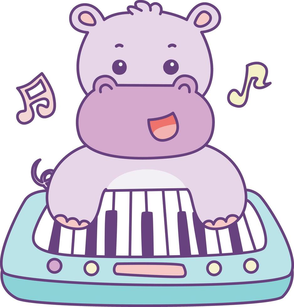 Baby hippo playing a piano. Cute hippo icon. Funny baby hippo animal series stock illustration. life of fluffy hippo designs. vector
