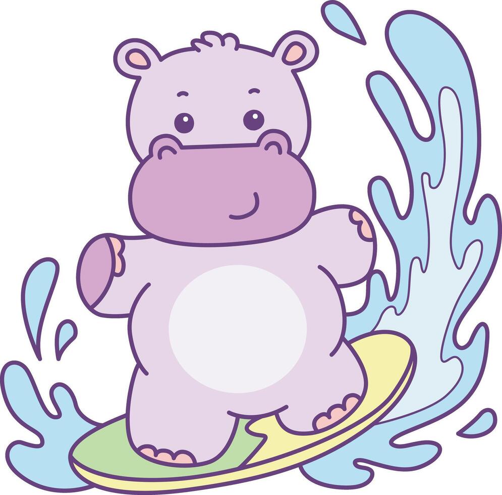 Baby hippo playing a surfing. Cute hippo icon. Funny baby hippo animal series stock illustration. life of fluffy hippo designs. vector