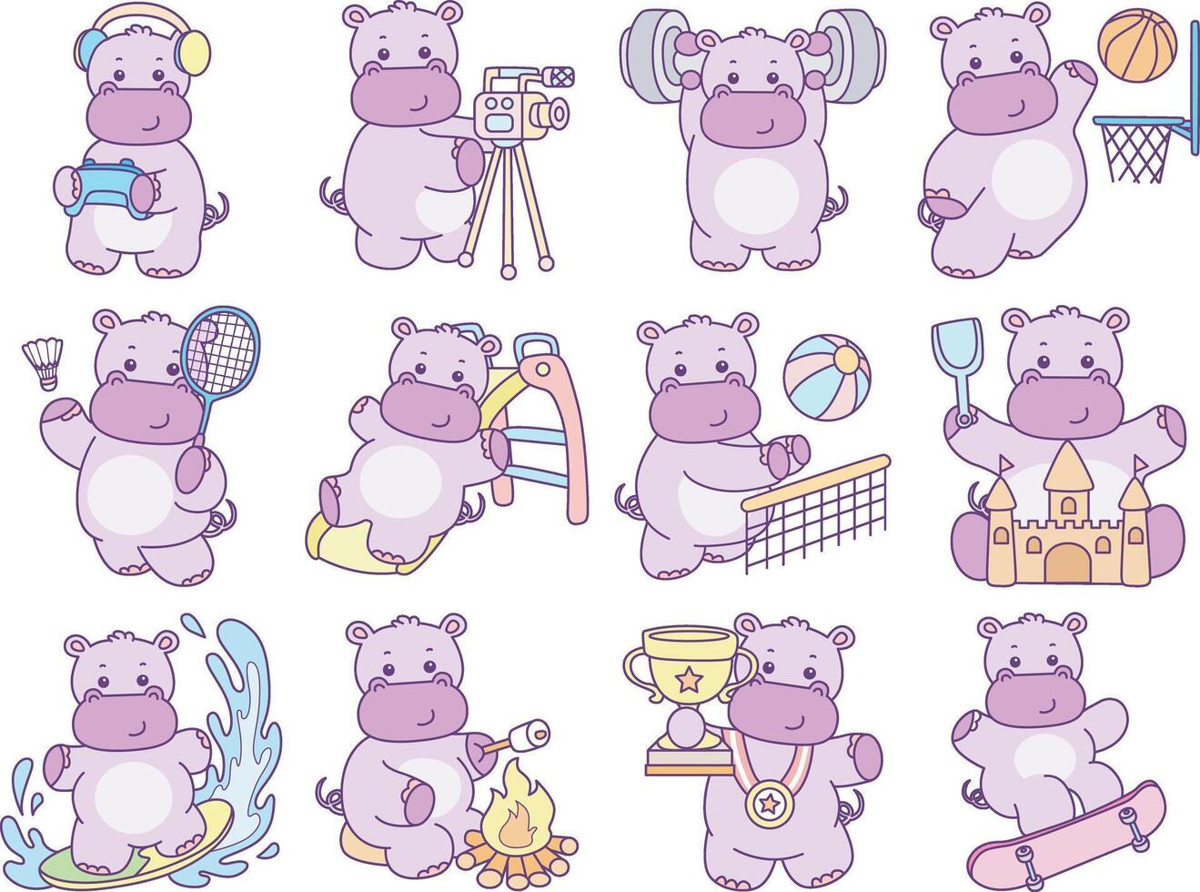 Baby hippo in the variation of sport and gymnastic. Cute hippo icon. Funny baby hippo animal series stock illustration. life of fluffy hippo designs. vector
