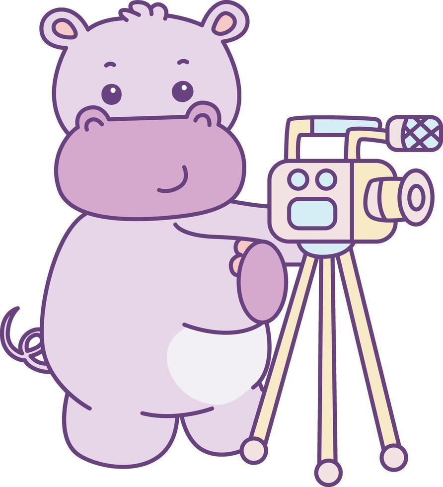 Baby hippo making content with camera. Cute hippo icon. Funny baby hippo animal series stock illustration. life of fluffy hippo designs. vector