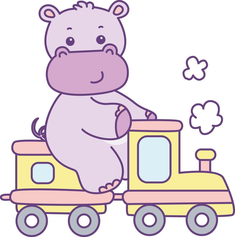 Baby hippo playing a train. Cute hippo icon. Funny baby hippo animal series stock illustration. life of fluffy hippo designs. vector