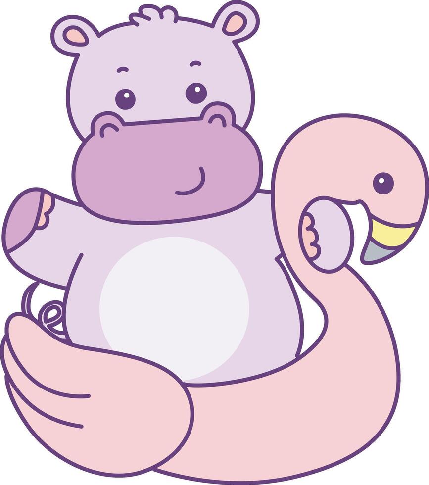 Baby hippo stuck in the flamingo tire. Cute hippo icon. Funny baby hippo animal series stock illustration. life of fluffy hippo designs. vector