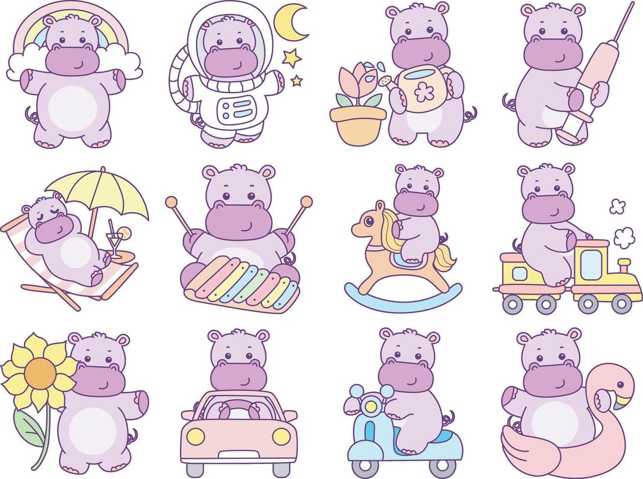 Baby hippo in the varaition of activity. Cute hippo icon. Funny baby hippo animal series stock illustration. life of fluffy hippo designs. vector