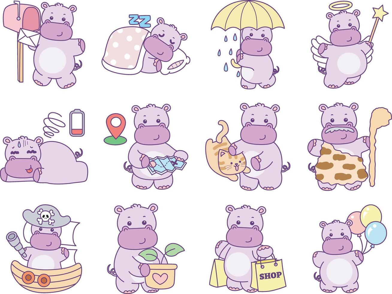 Baby hippo in the variation of daily life. Cute hippo icon. Funny baby hippo animal series stock illustration. life of fluffy hippo designs. vector