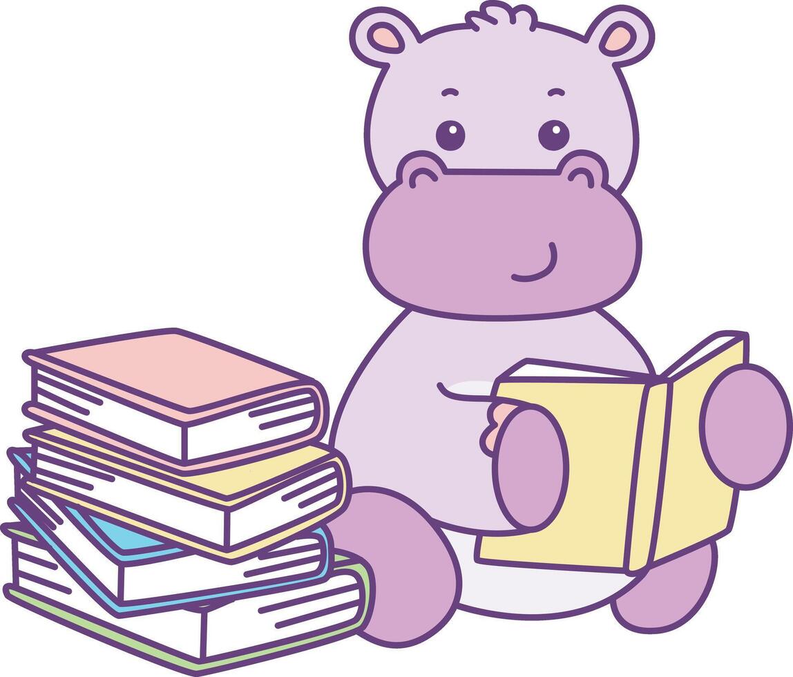 Baby hippo reading a book. Cute hippo icon. Funny baby hippo animal series stock illustration. life of fluffy hippo designs. vector