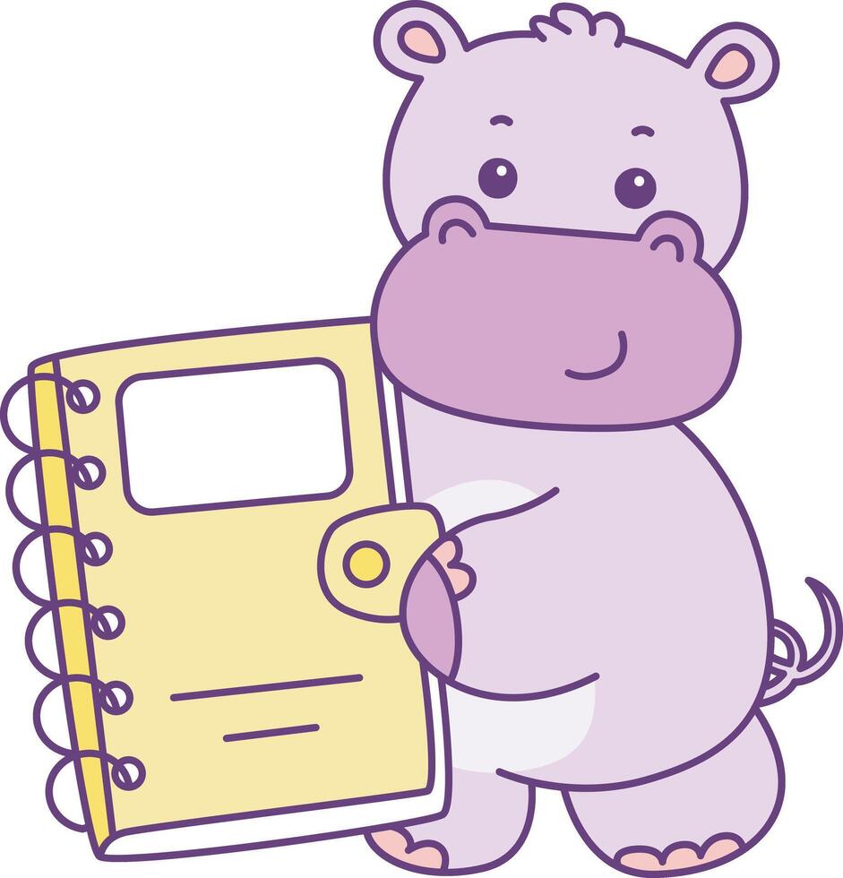 Baby hippo bring a yellow books. Cute hippo icon. Funny baby hippo animal series stock illustration. life of fluffy hippo designs. vector