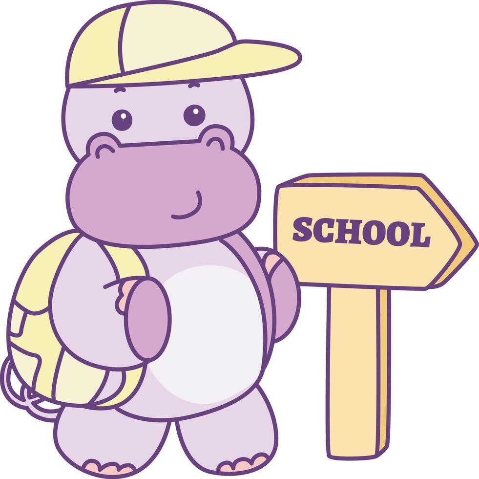 Baby hippo want to going to school. Cute hippo icon. Funny baby hippo animal series stock illustration. life of fluffy hippo designs. vector