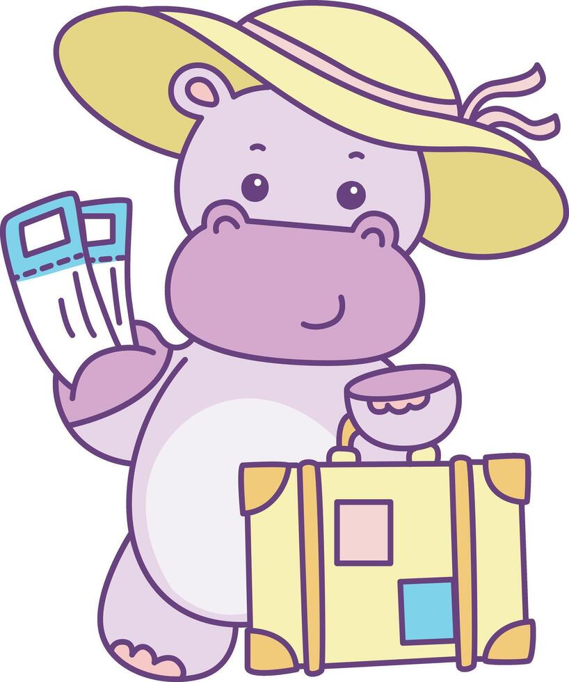 Baby hippo bring a travelling book. Cute hippo icon. Funny baby hippo animal series stock illustration. life of fluffy hippo designs. vector
