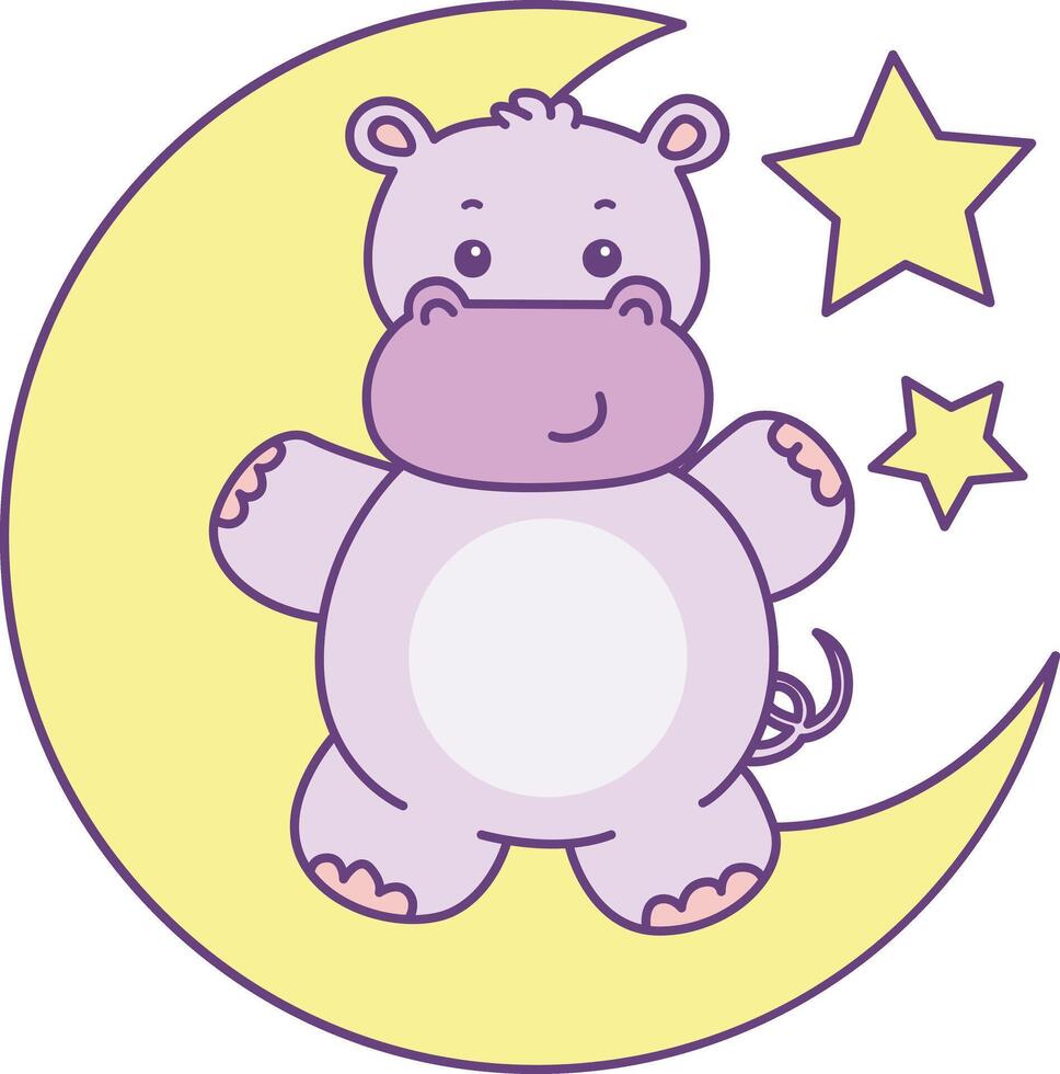 Baby hippo stand up in the moon. Cute hippo icon. Funny baby hippo animal series stock illustration. life of fluffy hippo designs. vector