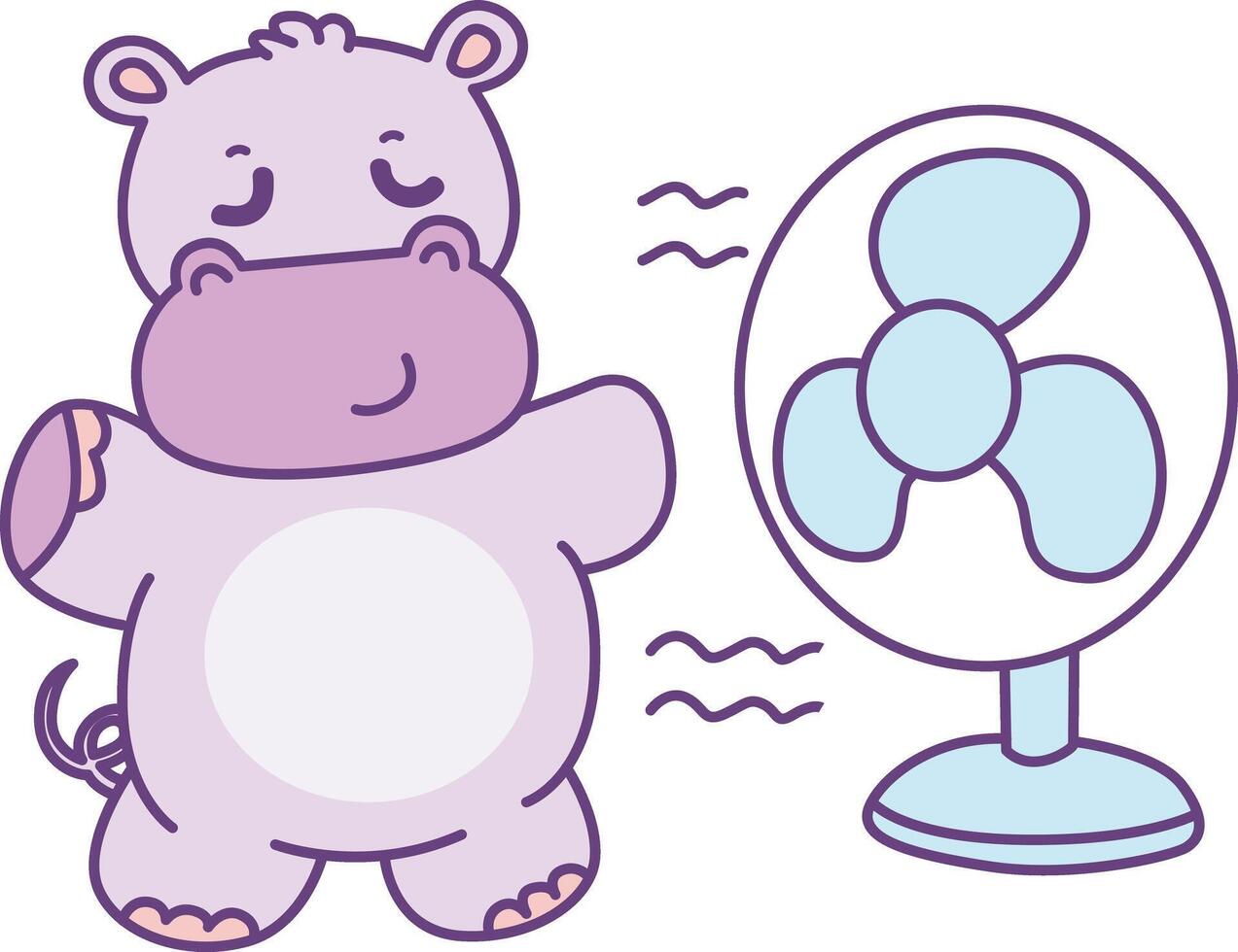 Baby hippo feel the air with fan. Cute hippo icon. Funny baby hippo animal series stock illustration. life of fluffy hippo designs. vector