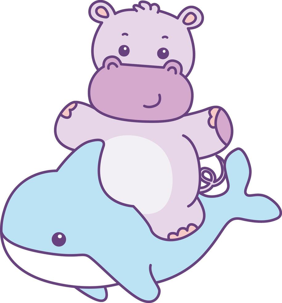 Baby hippo riding a shark. Cute hippo icon. Funny baby hippo animal series stock illustration. life of fluffy hippo designs. vector