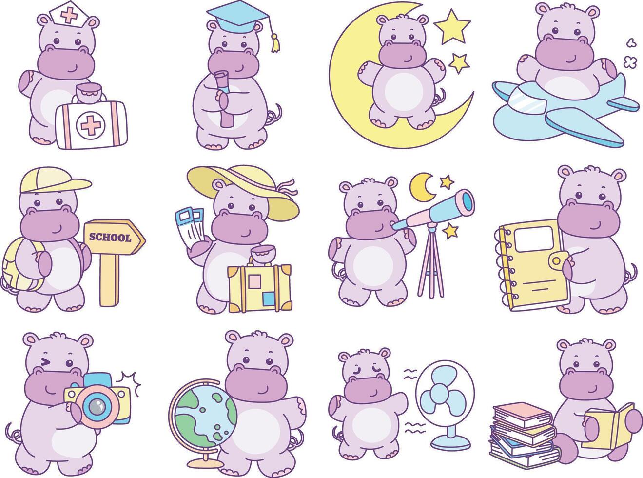 Daily life of baby hippo. Cute hippo icon. Funny baby hippo animal series stock illustration. life of fluffy hippo designs. vector