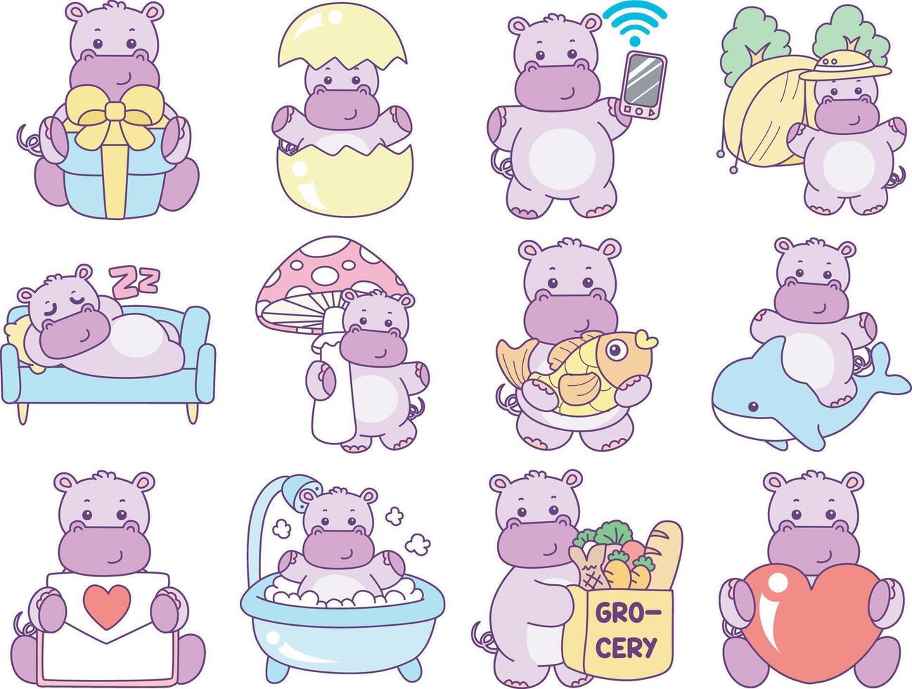 Random activities of baby hippo. Cute hippo icon. Funny baby hippo animal series stock illustration. life of fluffy hippo designs. vector