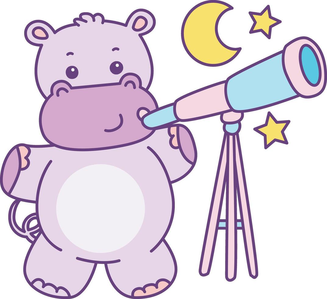 Baby hippo see the moon with telescope. Cute hippo icon. Funny baby hippo animal series stock illustration. life of fluffy hippo designs. vector