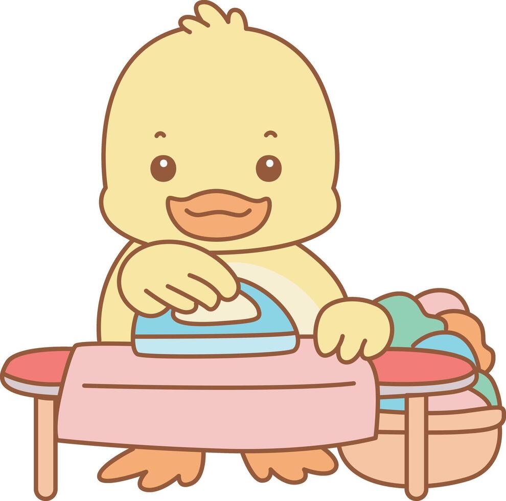 Baby duck ironing the clothes. Cute Duck icon. Funny baby Duck animal series stock illustration. life of fluffy Duck designs. vector