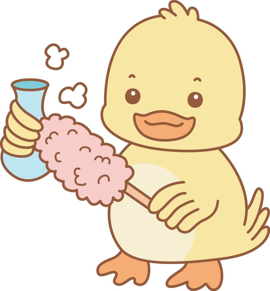 Baby duck cleaning the vase with feather duster. Cute Duck icon. Funny baby Duck animal series stock illustration. life of fluffy Duck designs. vector