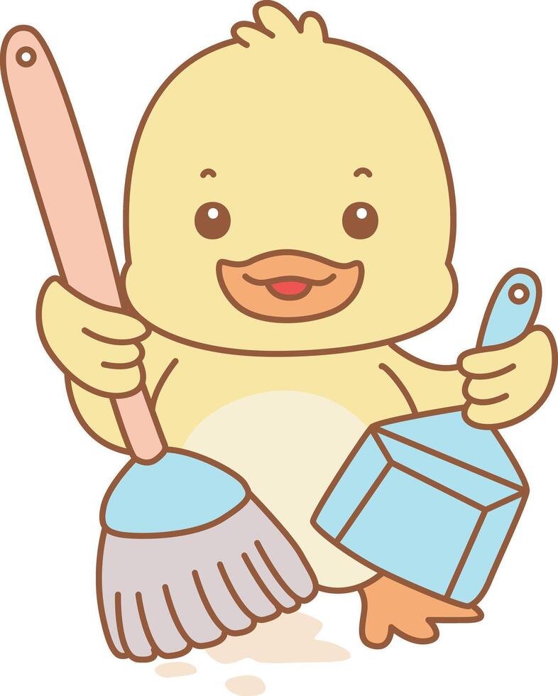 Baby duck clenaing the floor with broom and duster. Cute Duck icon. Funny baby Duck animal series stock illustration. life of fluffy Duck designs. vector