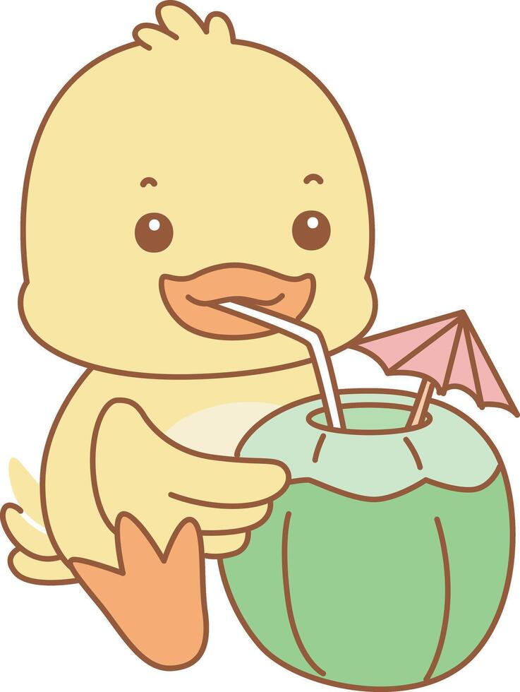 Baby duck drinking a coconut. Cute Duck icon. Funny baby Duck animal series stock illustration. life of fluffy Duck designs. vector
