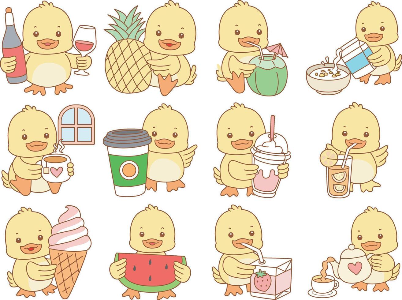 Baby duck in the variation of drink and beverage. Cute Duck icon. Funny baby Duck animal series stock illustration. life of fluffy Duck designs. vector