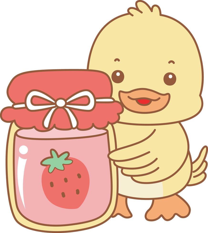 Baby duck bring a strawberry jam. Cute Duck icon. Funny baby Duck animal series stock illustration. life of fluffy Duck designs. vector