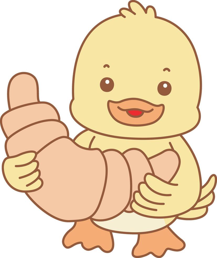 Bby duck with bread. Cute Duck icon. Funny baby Duck animal series stock illustration. life of fluffy Duck designs. vector