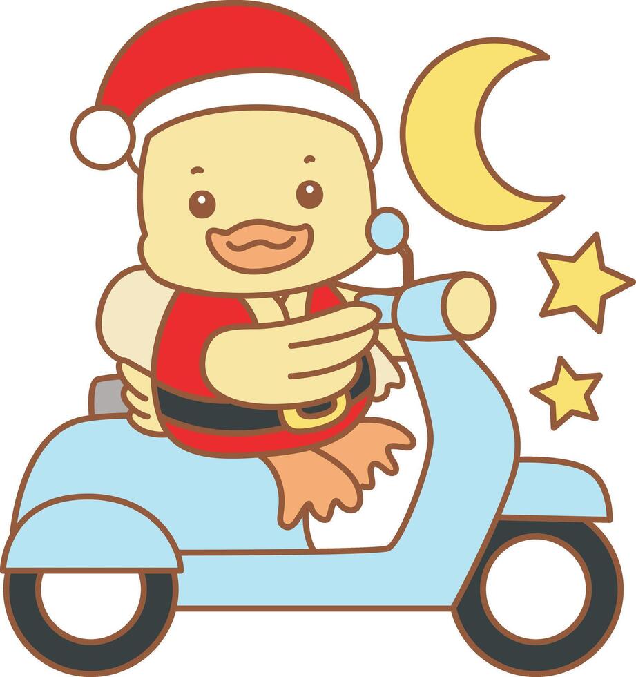 Baby santa duck with scooter. Cute Duck icon. Funny baby Duck animal series stock illustration. life of fluffy Duck designs. vector