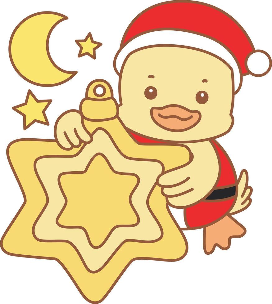 Baby santa duck with yellow stars decoration. Cute Duck icon. Funny baby Duck animal series stock illustration. life of fluffy Duck designs. vector