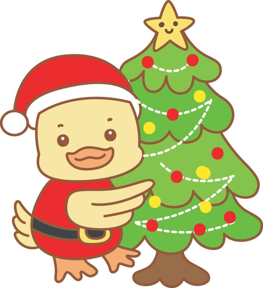 Baby santa duck with christmas tree. Cute Duck icon. Funny baby Duck animal series stock illustration. life of fluffy Duck designs. vector