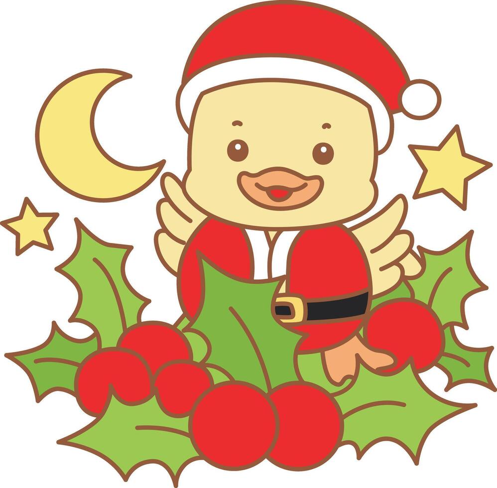 Baby santa duck in the middle of plants. Cute Duck icon. Funny baby Duck animal series stock illustration. life of fluffy Duck designs. vector