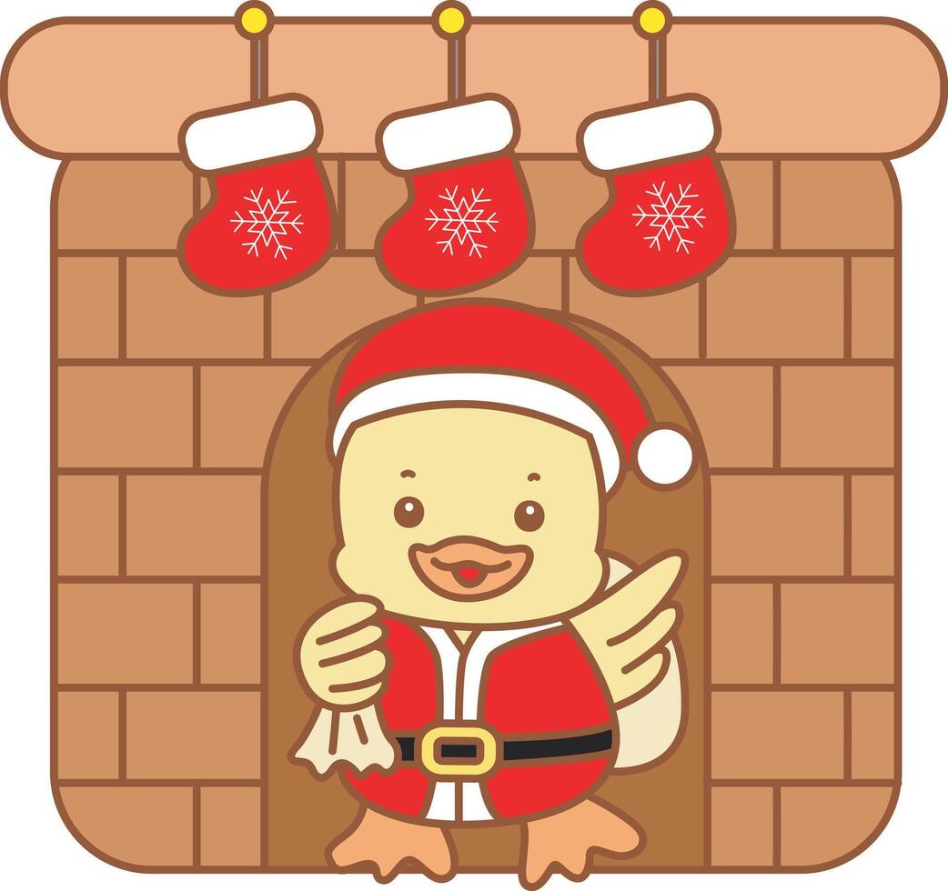 Baby santa duck in the fire place. Cute Duck icon. Funny baby Duck animal series stock illustration. life of fluffy Duck designs. vector