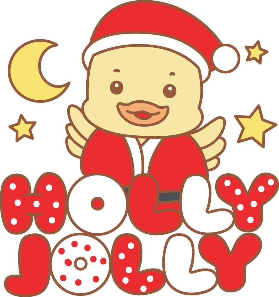 Baby duck with holly jolly text. Cute Duck icon. Funny baby Duck animal series stock illustration. life of fluffy Duck designs. vector