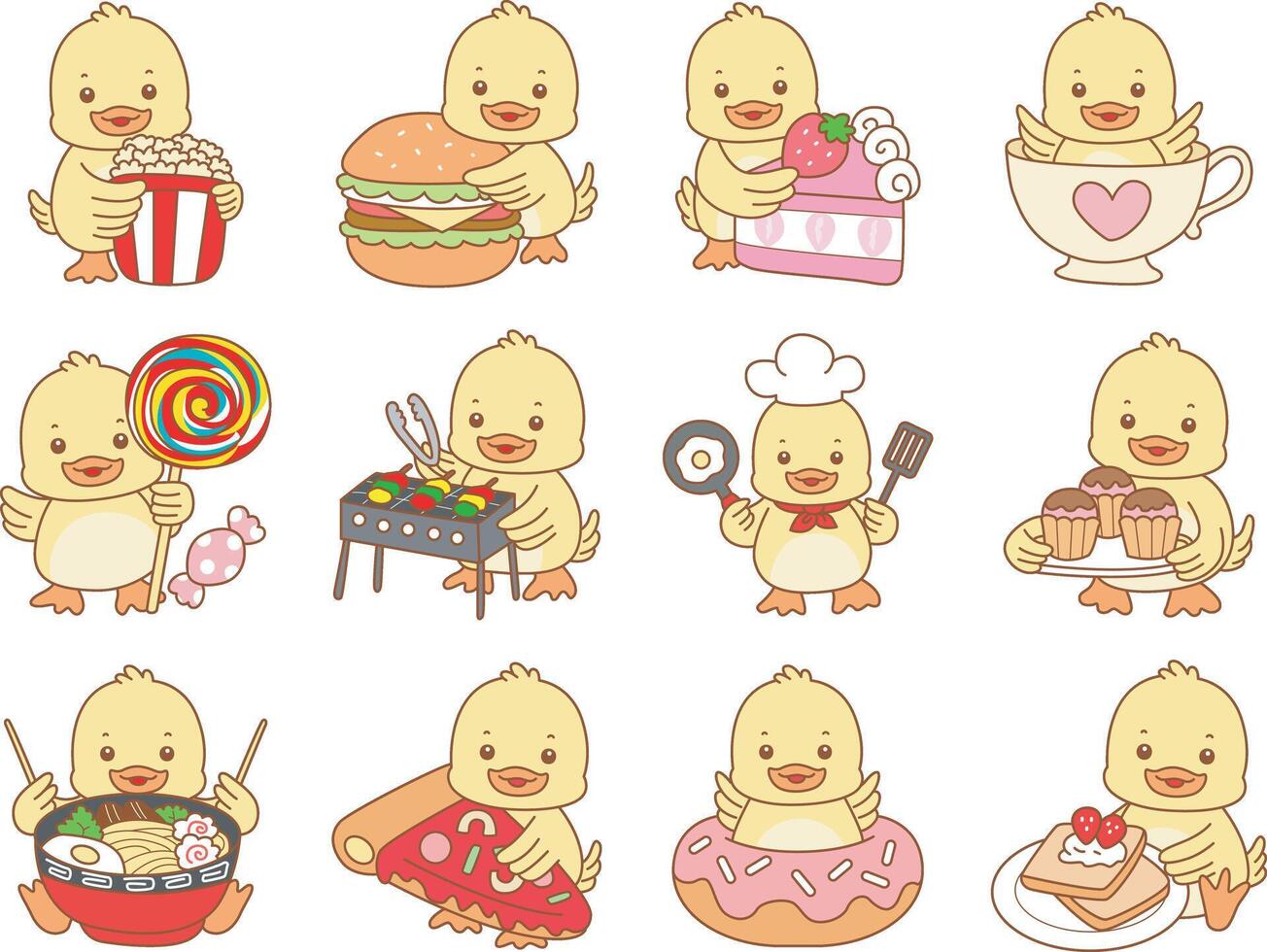 Bbay duck in the variation of fast food and snack. Cute Duck icon. Funny baby Duck animal series stock illustration. life of fluffy Duck designs. vector