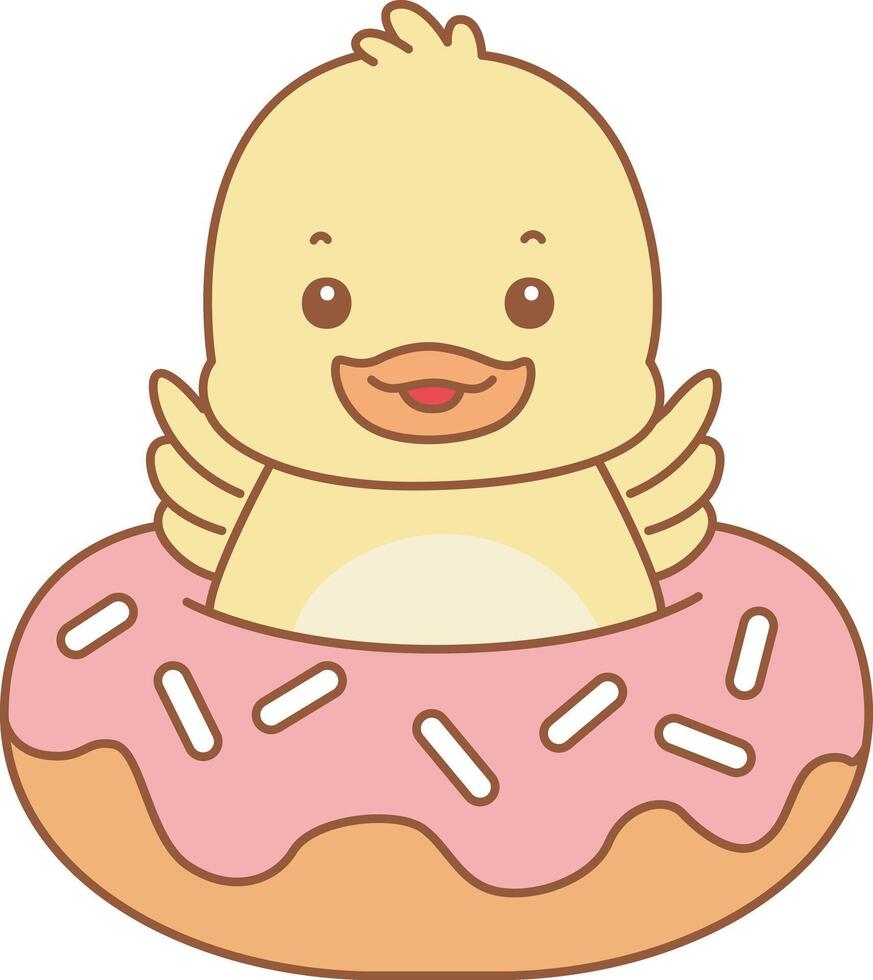 Baby duck stuck in the doughnut. Cute Duck icon. Funny baby Duck animal series stock illustration. life of fluffy Duck designs. vector