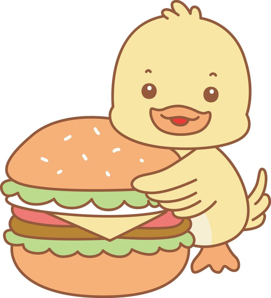 Baby duck bring a burger. Cute Duck icon. Funny baby Duck animal series stock illustration. life of fluffy Duck designs. vector