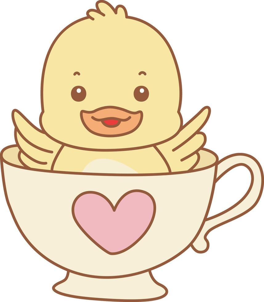 Baby duck stuck in the cup of tea. Cute Duck icon. Funny baby Duck animal series stock illustration. life of fluffy Duck designs. vector