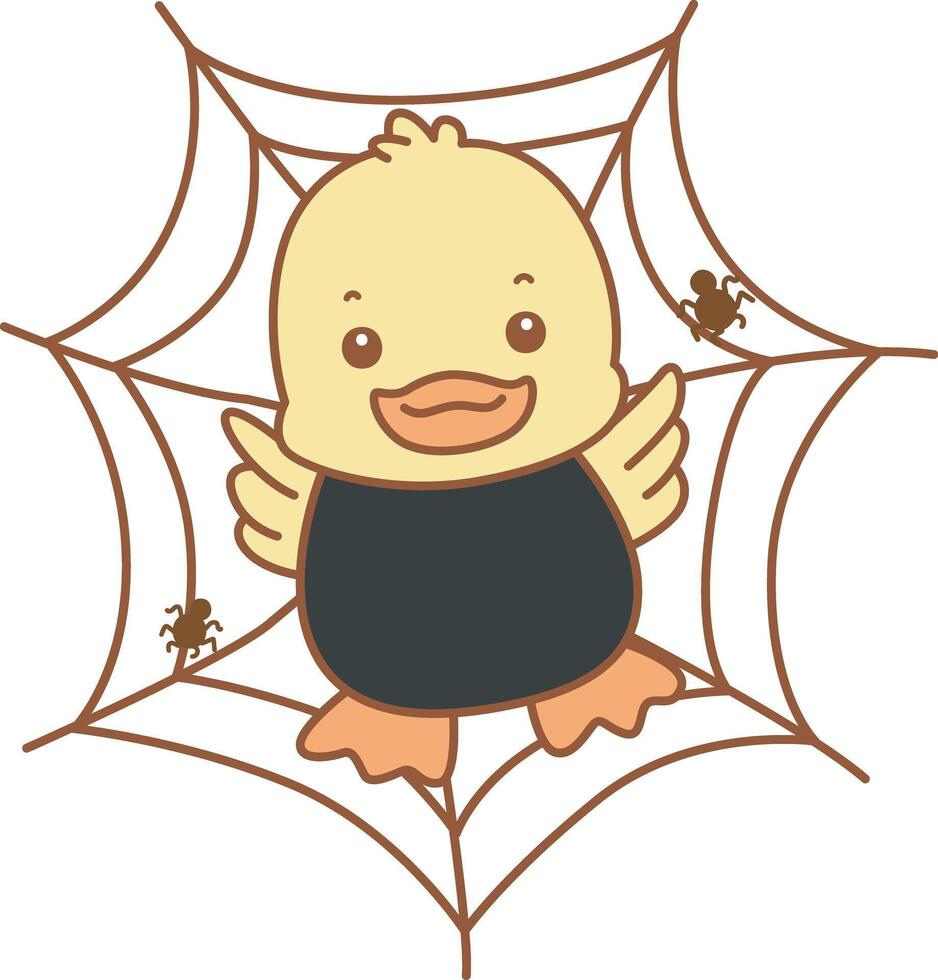 Baby duck stuck in the spider web. Cute Duck icon. Funny baby Duck animal series stock illustration. life of fluffy Duck designs. vector