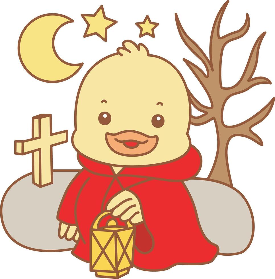 Baby duck wearing a red hoodie costume in the grave. Cute Duck icon. Funny baby Duck animal series stock illustration. life of fluffy Duck designs. vector