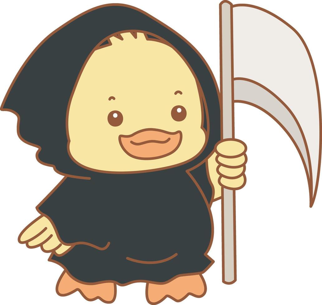 Baby duck wearing an angel of death costume. Cute Duck icon. Funny baby Duck animal series stock illustration. life of fluffy Duck designs. vector