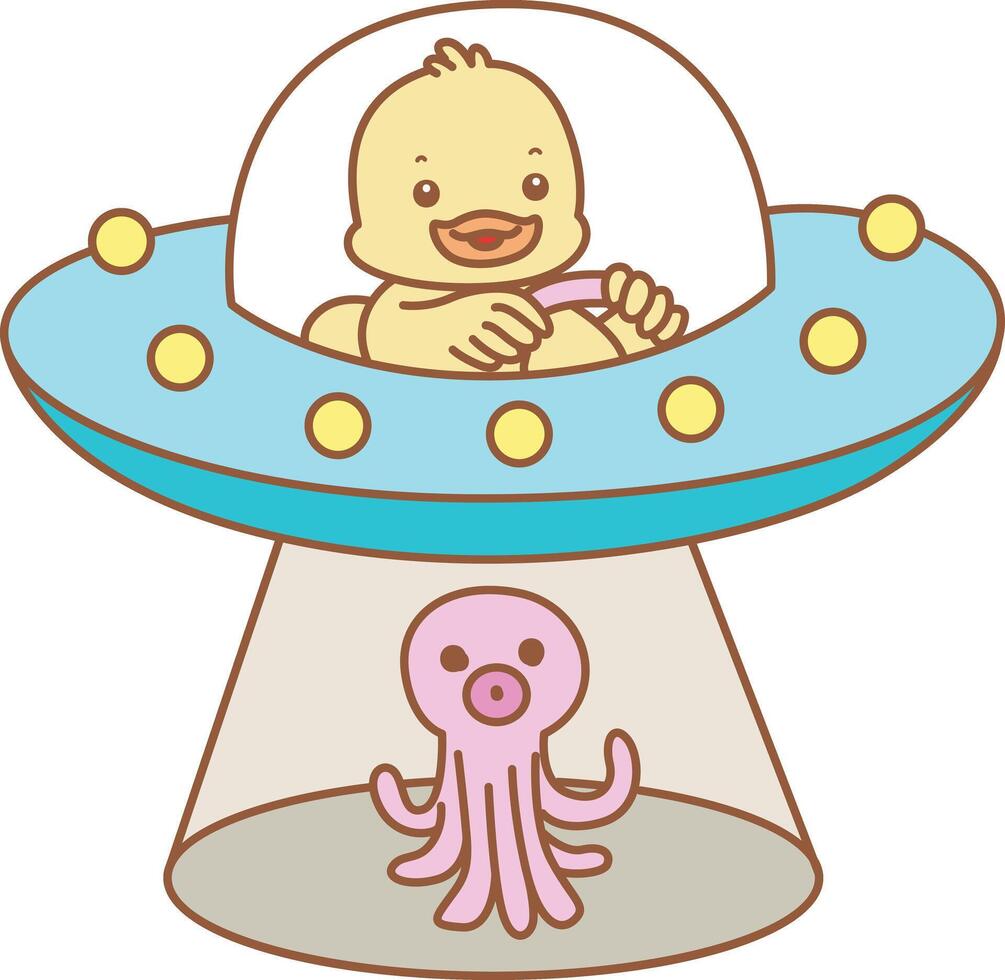Baby duck driving a space ship. Cute Duck icon. Funny baby Duck animal series stock illustration. life of fluffy Duck designs. vector