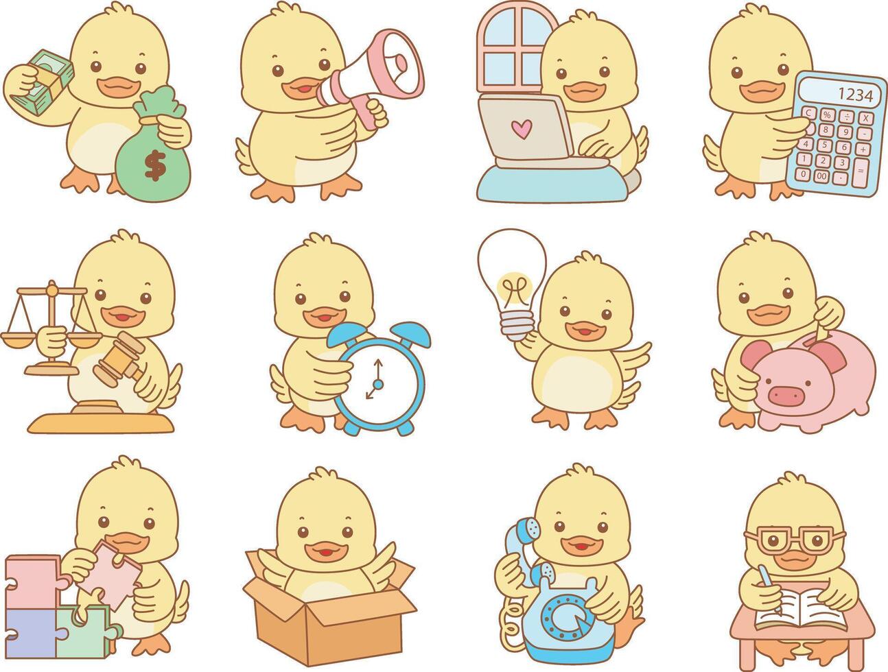 Baby duck in the variation of actvities. Cute Duck icon. Funny baby Duck animal series stock illustration. life of fluffy Duck designs. vector