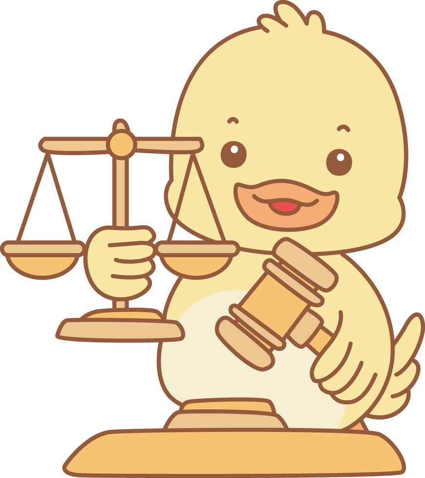 Baby duck bringa hammer and scales. Cute Duck icon. Funny baby Duck animal series stock illustration. life of fluffy Duck designs. vector