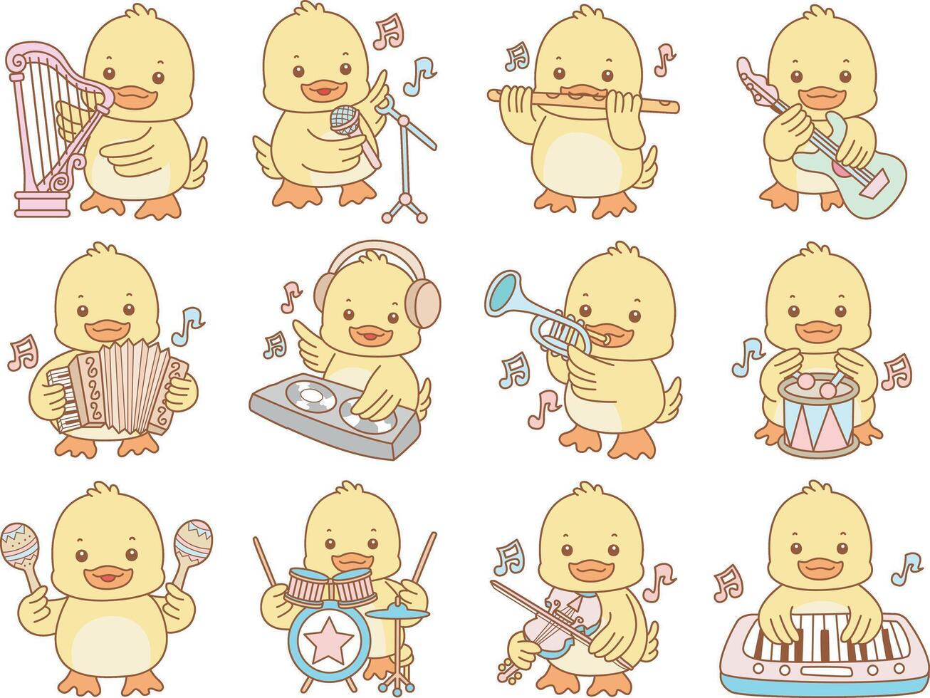 Baby duck in the variation of music and instrument. Cute Duck icon. Funny baby Duck animal series stock illustration. life of fluffy Duck designs. vector