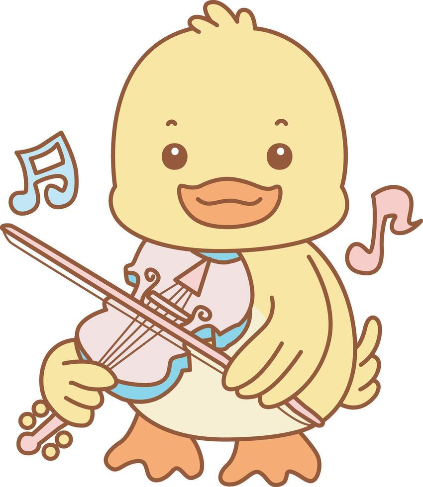 Baby duck playing a violin. Cute Duck icon. Funny baby Duck animal series stock illustration. life of fluffy Duck designs. vector