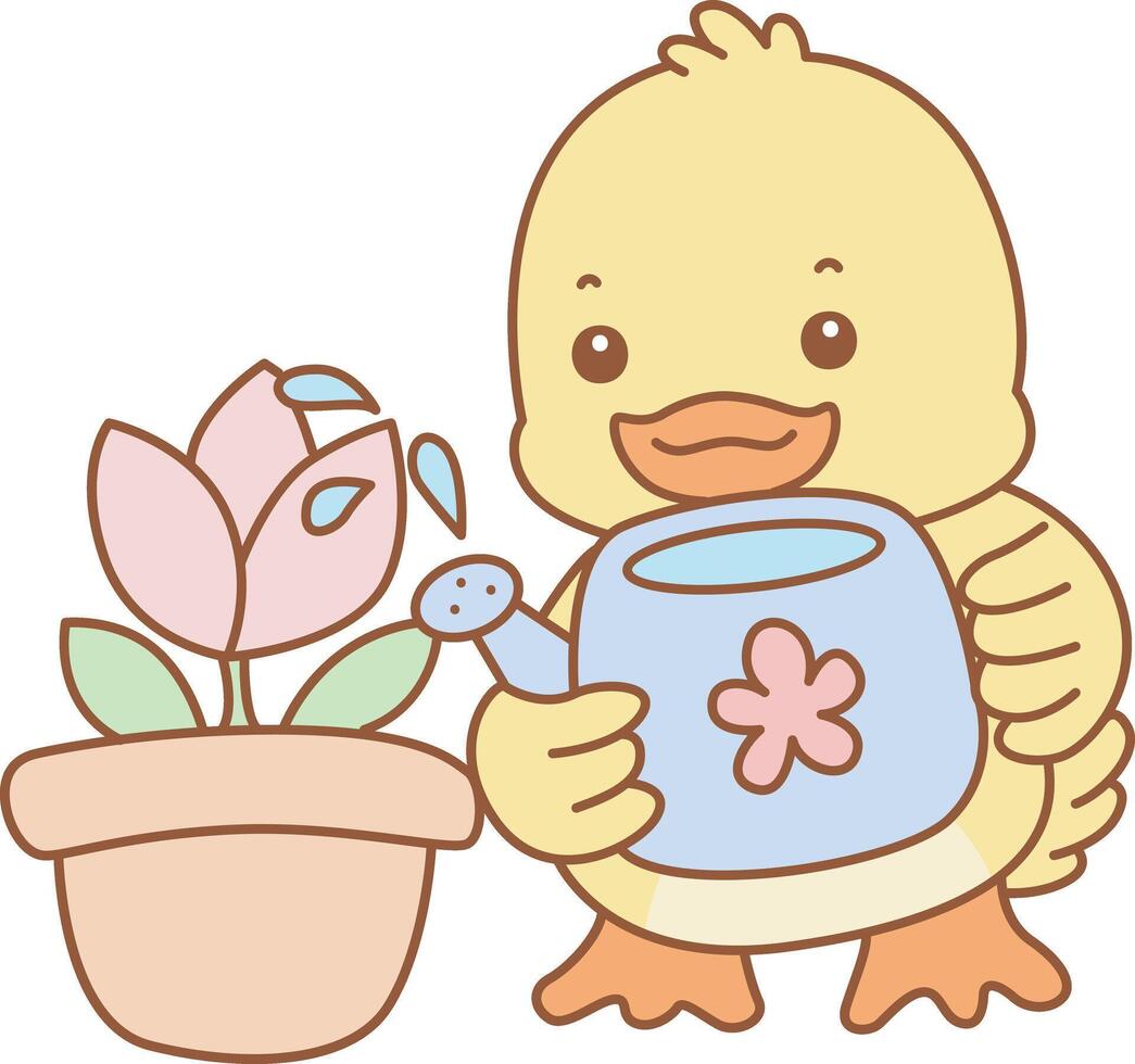 Baby duck watering a plants. Cute Duck icon. Funny baby Duck animal series stock illustration. life of fluffy Duck designs. vector