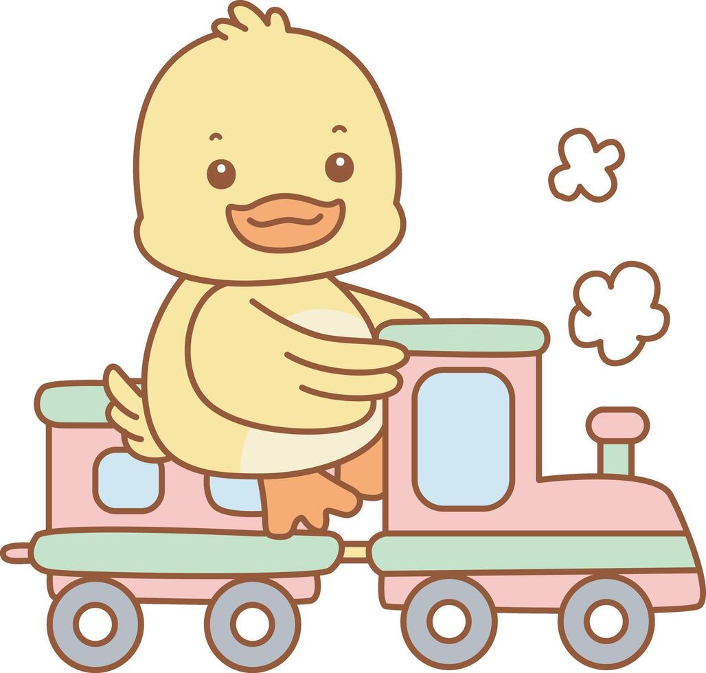Baby duck riding a train. Cute Duck icon. Funny baby Duck animal series stock illustration. life of fluffy Duck designs. vector